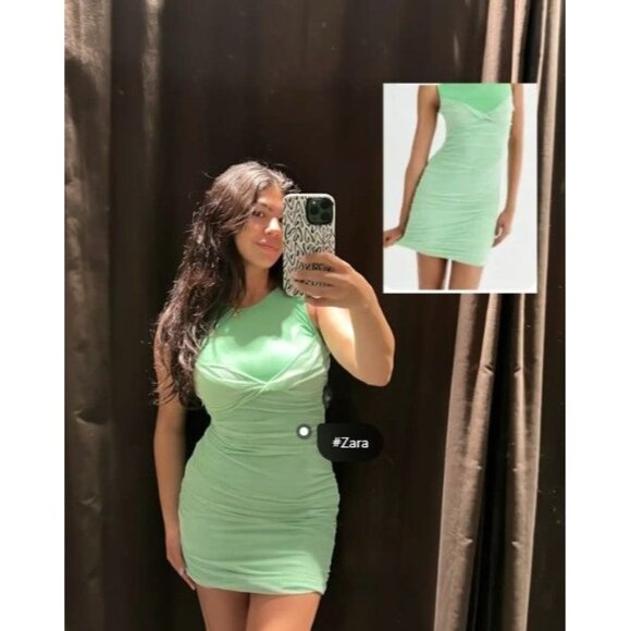 Zara Mint Green Mesh Ruched Bodycon Dress - M - Picture 1 of 6